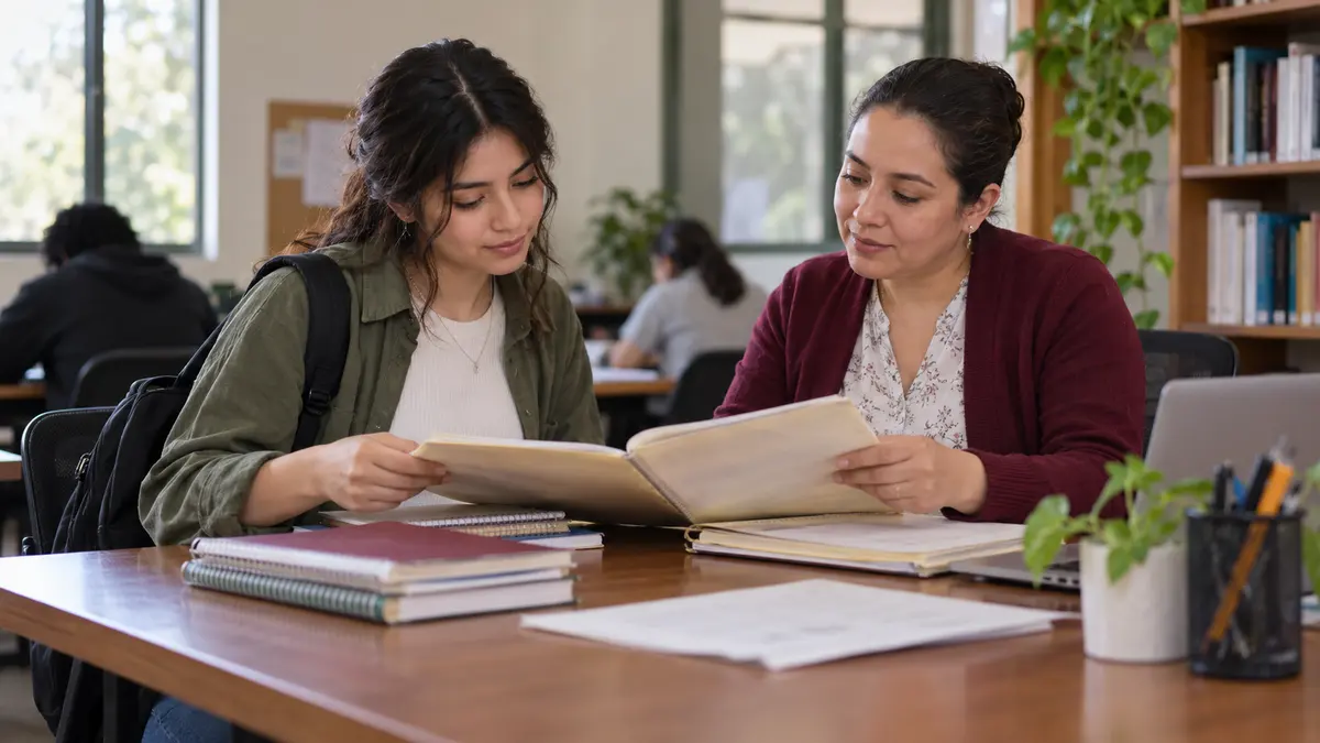 Joven que revisa una carpeta escolar con una persona que la orienta.