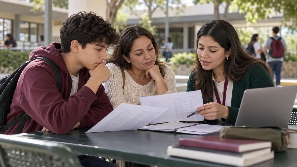 Estudiante y una persona adulta que revisan listas de materias con una orientadora escolar.