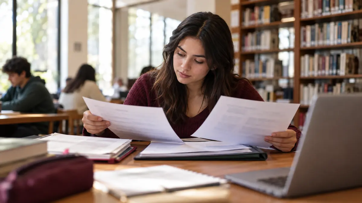 Estudiante compara documentos de dos programas universitarios para preparar una equivalencia.