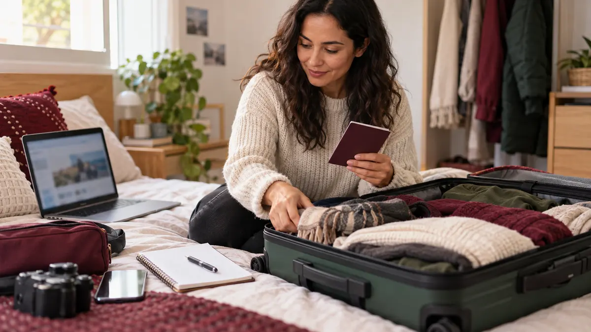 Viajera prepara pasaporte e itinerario para revisar sus documentos de entrada a Canadá.