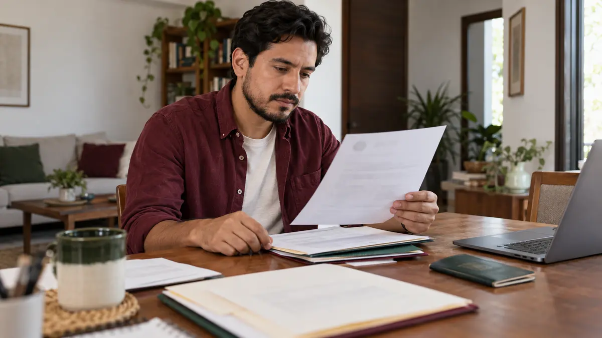 Persona organiza la carta y los documentos de una solicitud de datos registrales.