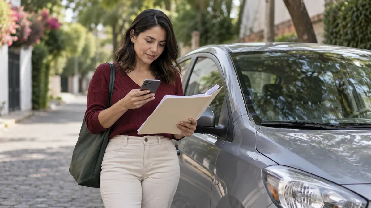 Persona que revisa información vehicular junto a un automóvil estacionado.