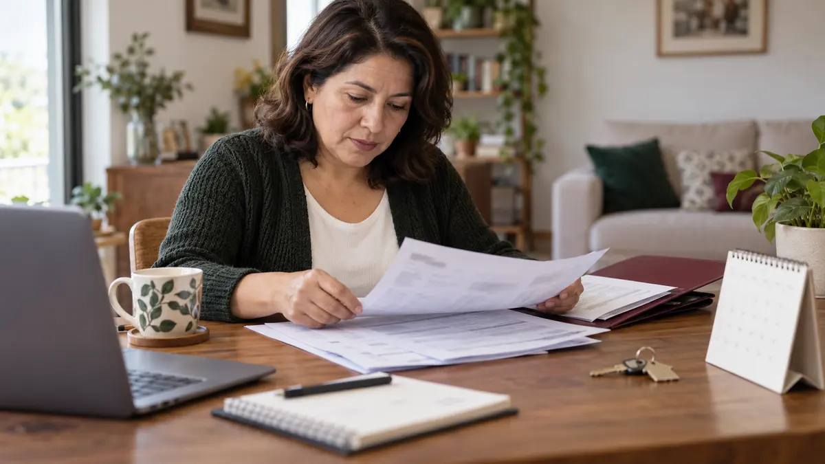 Mujer que ordena documentos anuales de su crédito de vivienda.
