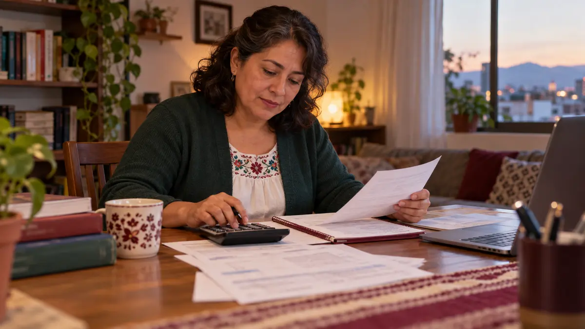 Persona que revisa una cuenta de vivienda con una calculadora y una libreta.