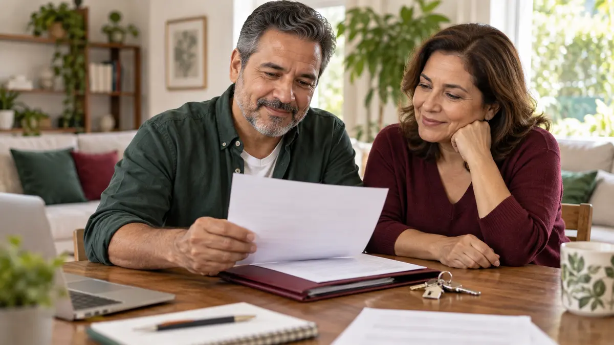 Pareja que organiza una carta y una carpeta de su vivienda junto a unas llaves.