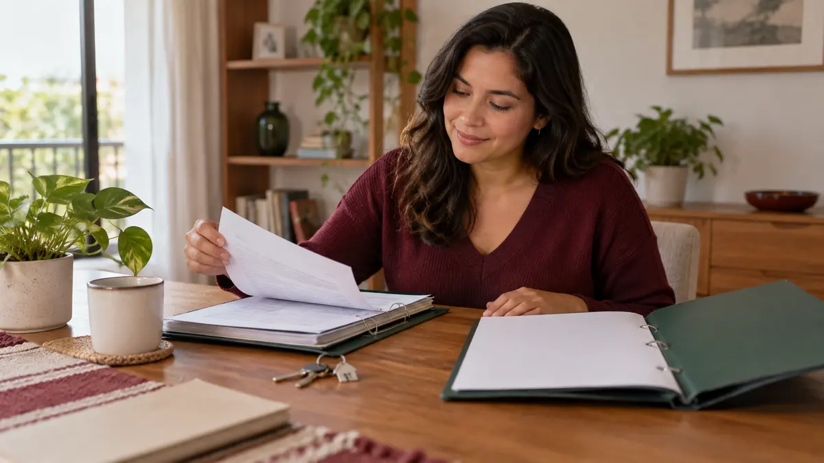 Trabajadora organiza el finiquito y sus antecedentes para consultar un segundo crédito FOVISSSTE.