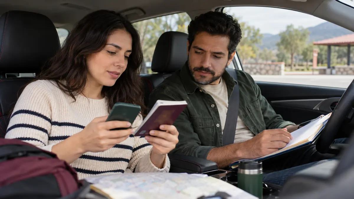 Viajeros revisan documentos y registro de entrada durante una parada en carretera.
