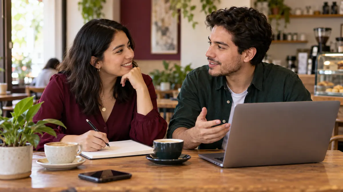 Emprendedores revisan ideas para el aviso comercial de su negocio