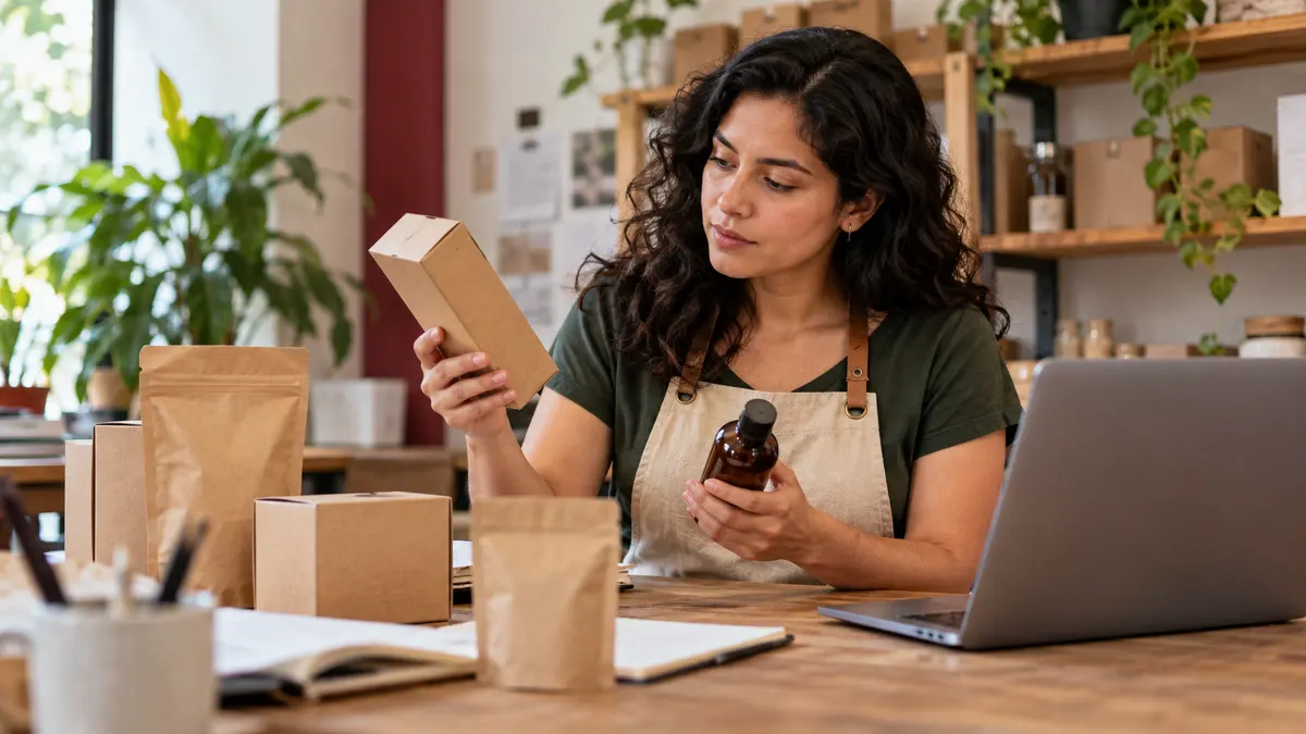 Emprendedora que prepara envases sin marca y revisa información en su computadora.