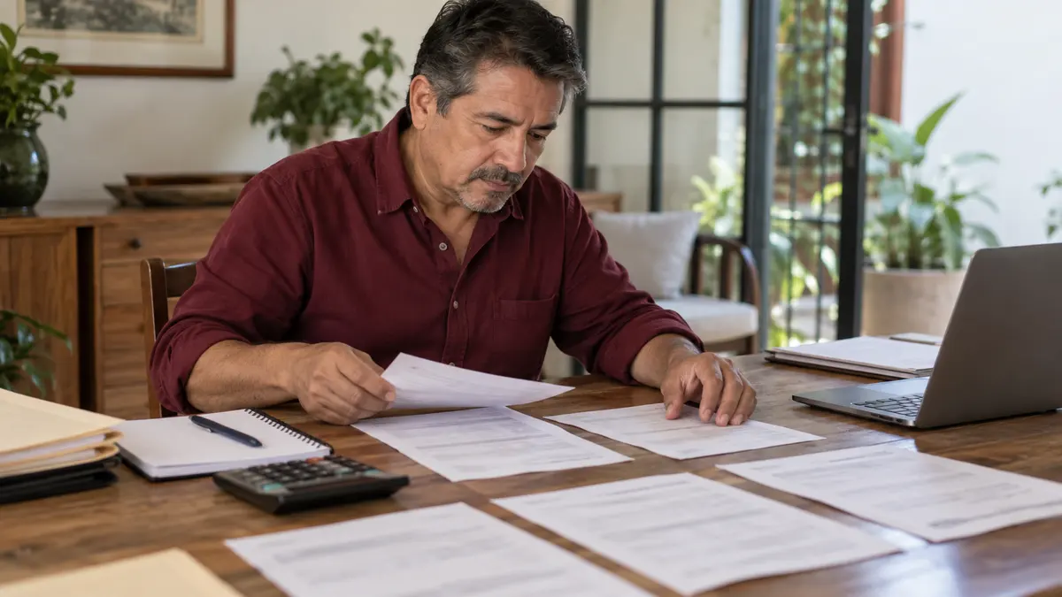 Persona trabajadora que ordena documentos de empleos anteriores sobre una mesa.