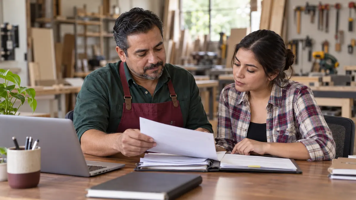 Personas que revisan los datos de un expediente laboral en un taller.