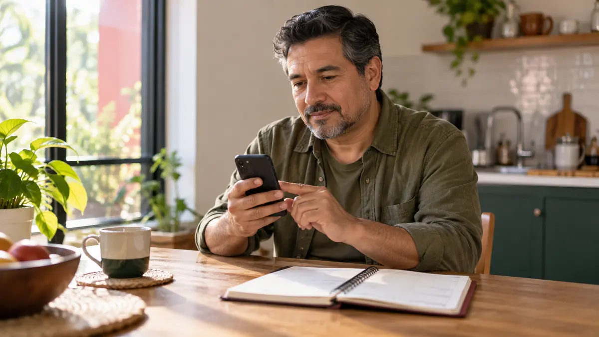 Hombre que consulta su teléfono junto a una libreta de citas en la mesa.