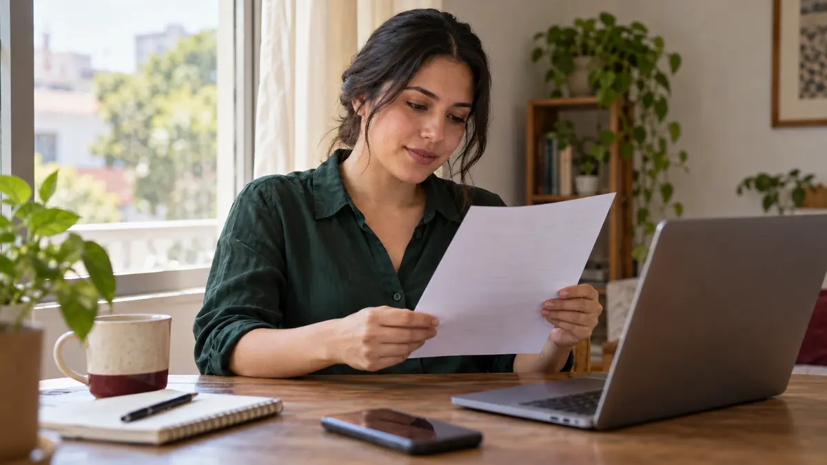 Mujer que revisa una hoja recién impresa junto a su computadora y teléfono.