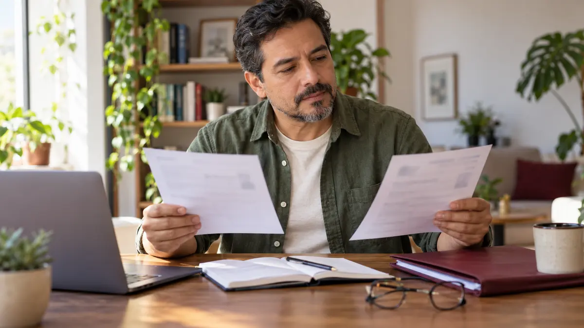 Hombre que compara documentos personales y anota una diferencia de datos.