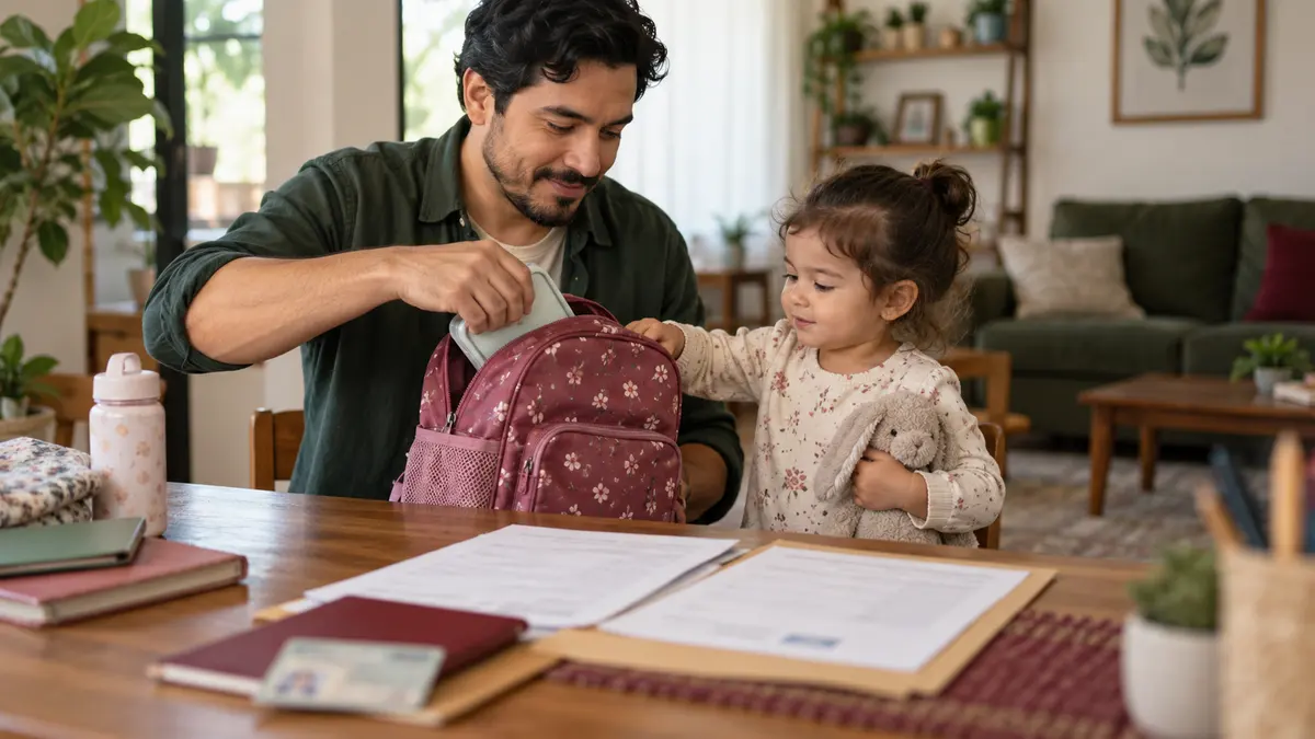 Padre y niña que preparan una mochila y documentos para una solicitud de guardería.