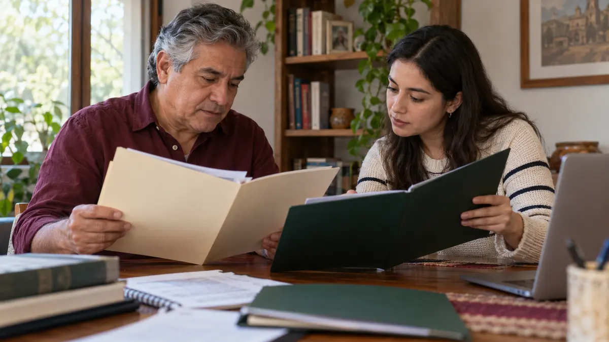 Personas que comparan documentos de dos historiales de cotización.