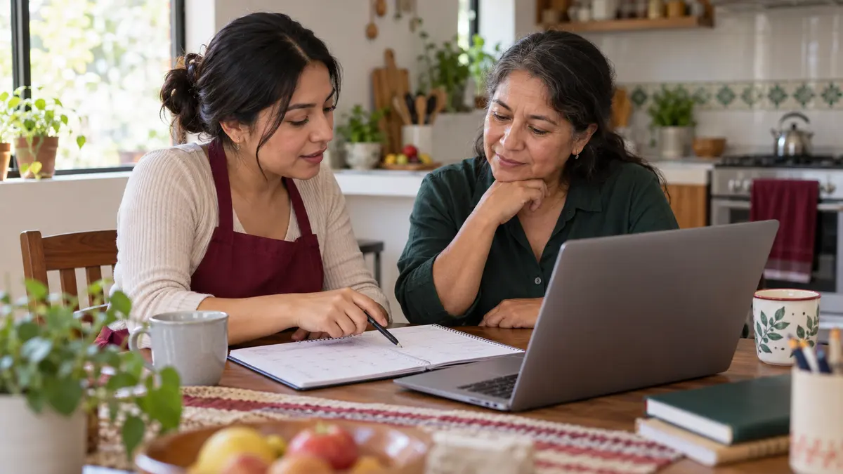 Dos mujeres que revisan un calendario de trabajo junto a una computadora.