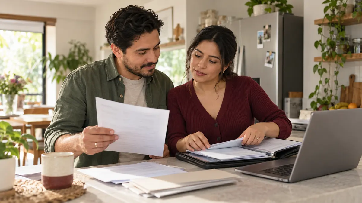 Pareja que organiza sus documentos familiares en la cocina de su casa.