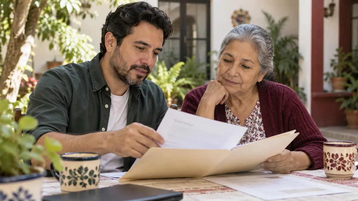 Madre e hijo que revisan documentos de parentesco y domicilio en casa.