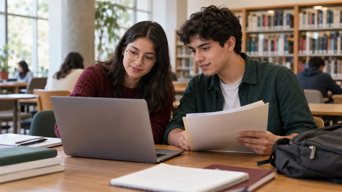 Estudiantes que revisan documentos y datos de afiliación en una computadora.