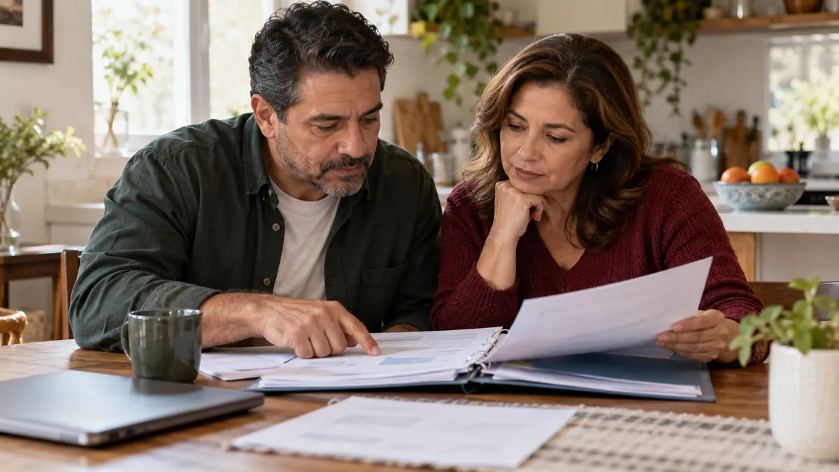 Pareja organiza documentos para consultar el Seguro de Salud para la Familia del IMSS.