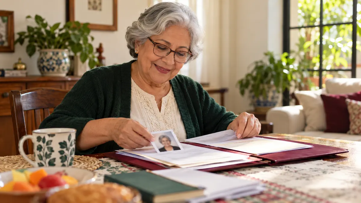 Persona adulta mayor que prepara documentos para solicitar una credencial.