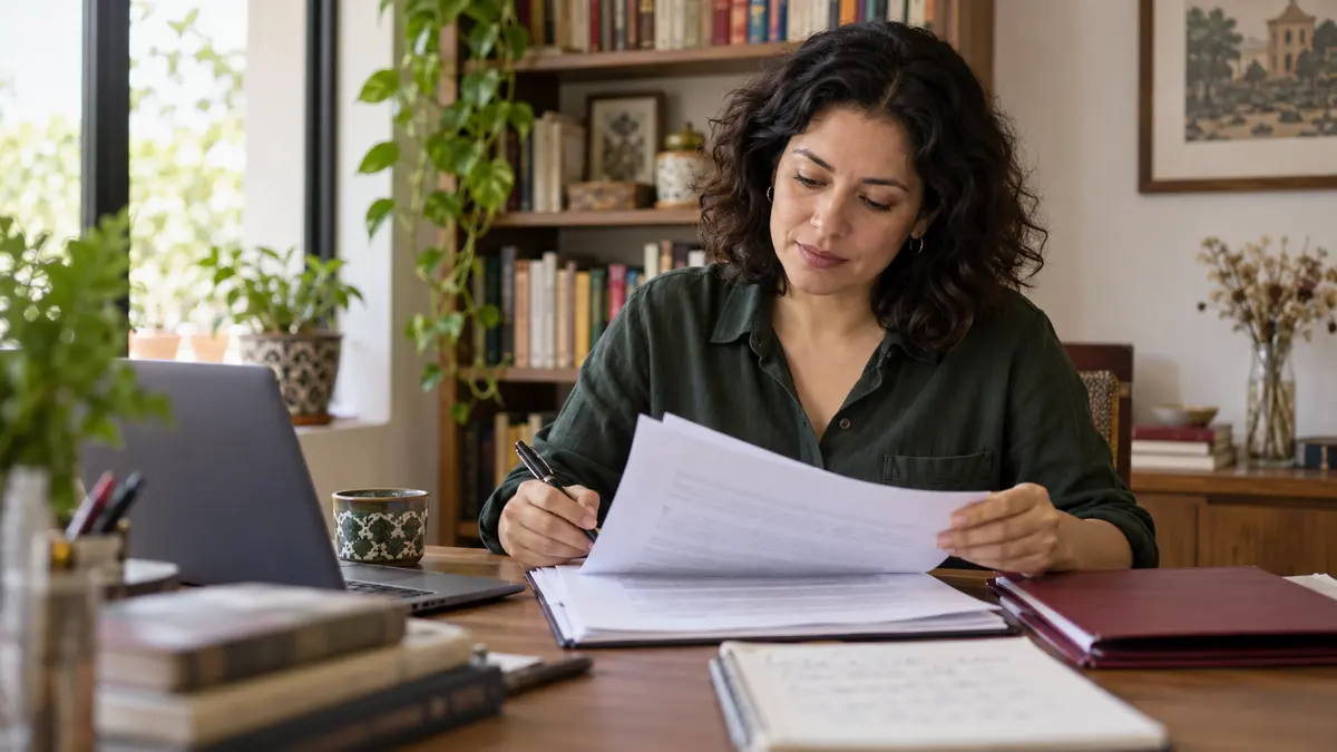 Persona autora que revisa un manuscrito y prepara su expediente de registro.