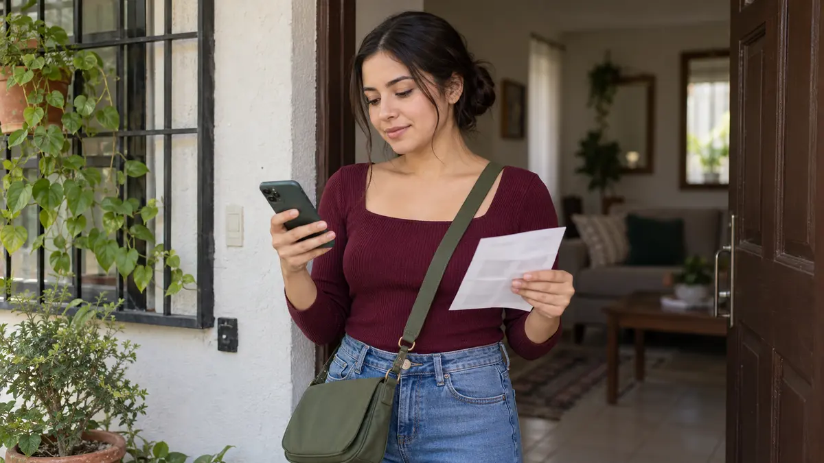 Mujer joven que consulta su teléfono mientras sostiene un comprobante de cita.