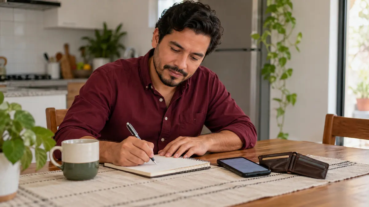 Hombre que toma notas junto a una cartera abierta y su teléfono.