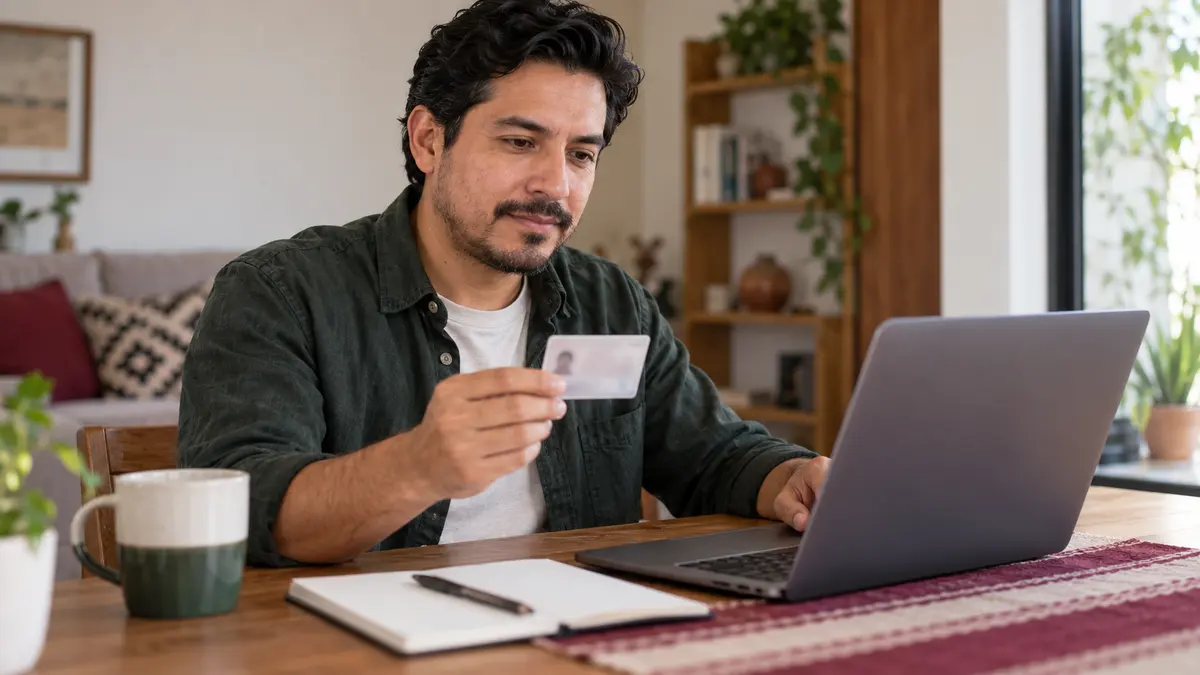 Persona que compara su credencial y una consulta digital para revisar su vigencia.
