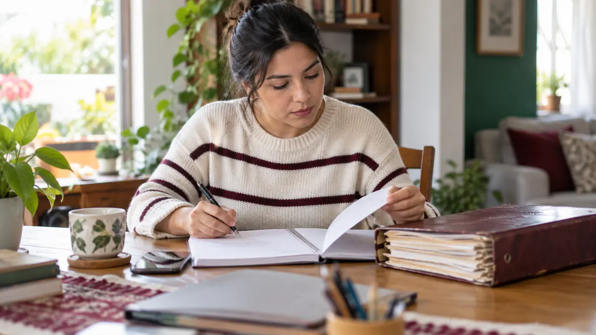 Persona adulta prepara antecedentes escolares para consultar el examen de Reconocimiento de Saberes.