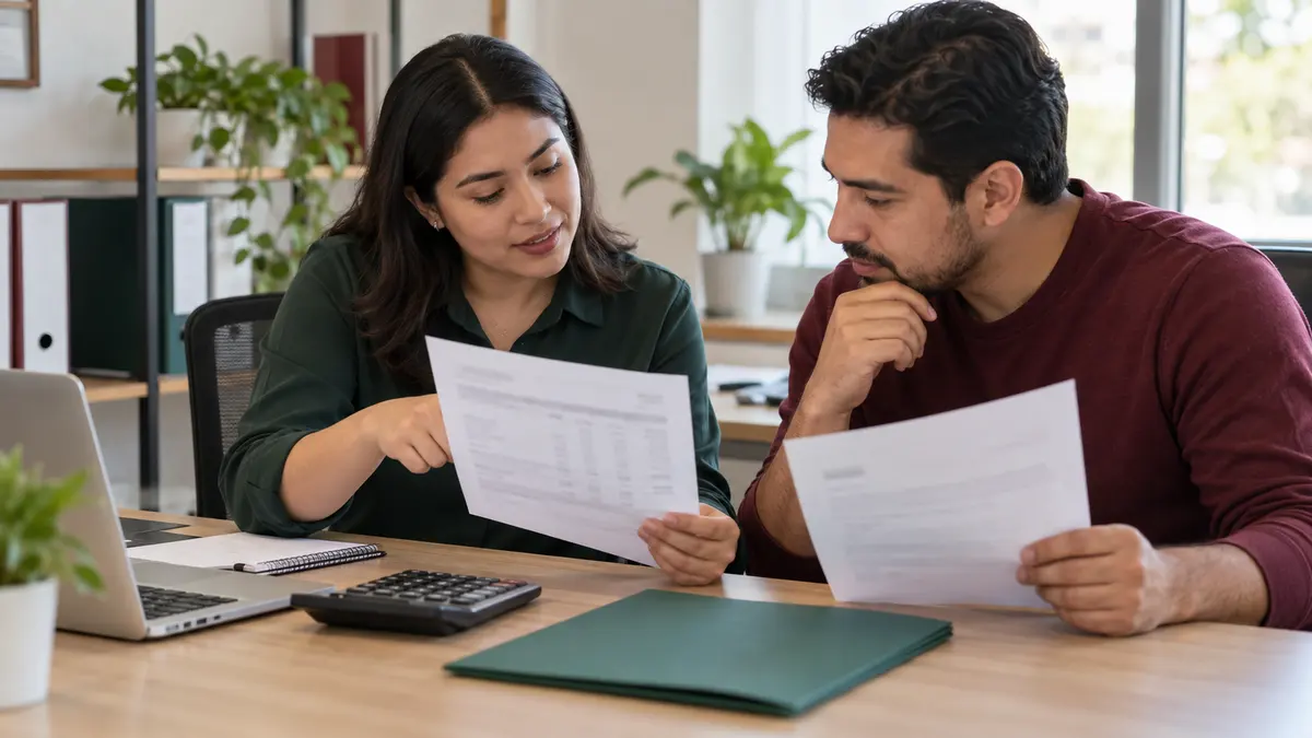 Dos personas que comparan un recibo de nómina y una carta relacionada con vivienda.