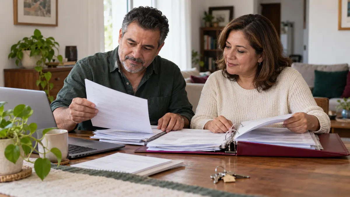 Personas que revisan documentos de su crédito de vivienda por ejercicio.