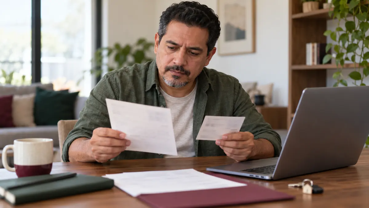 Persona que compara datos personales antes de revisar su cuenta de vivienda.