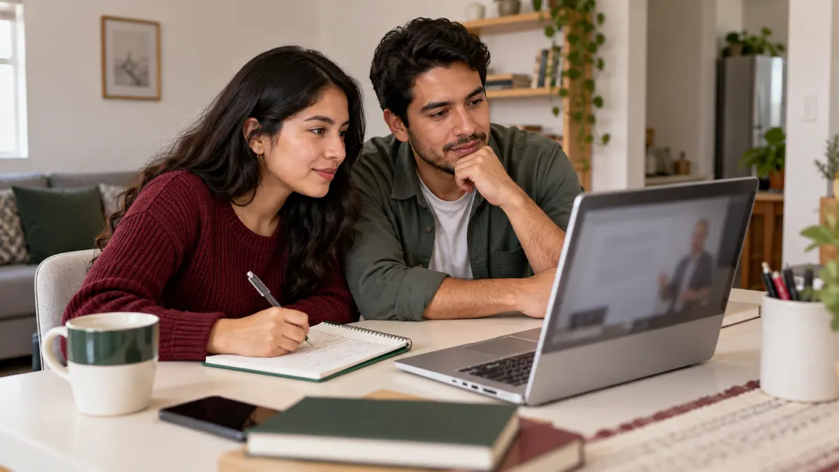 Pareja que toma notas mientras sigue un curso en una computadora.