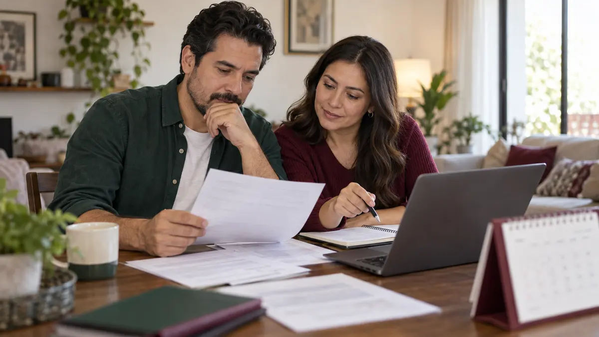 Pareja que revisa sus documentos de vivienda y un calendario de pagos.