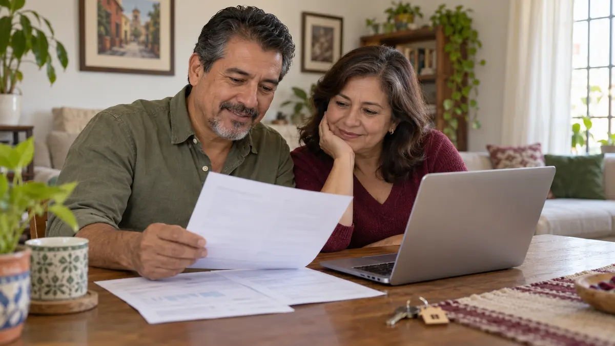 Pareja que compara estados de su crédito de vivienda junto a una computadora.