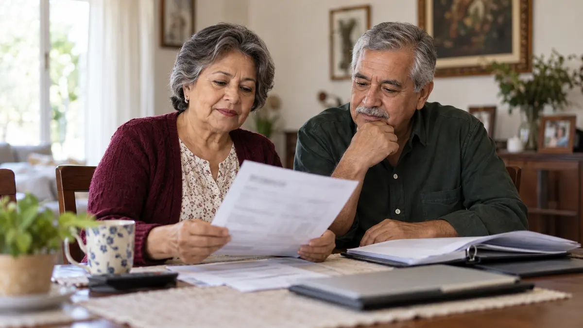 Personas pensionadas revisan documentos de su ahorro de vivienda y resolución de pensión.