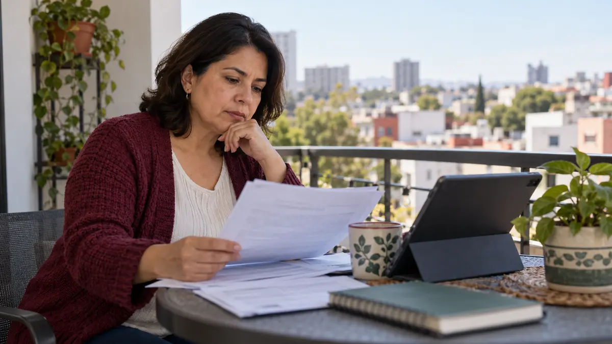 Persona que revisa documentos de su crédito de vivienda y un dispositivo digital.