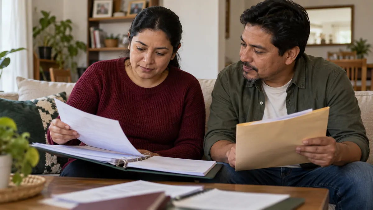 Familia organiza documentos de vivienda para consultar el seguro por defunción de un crédito Infonavit.