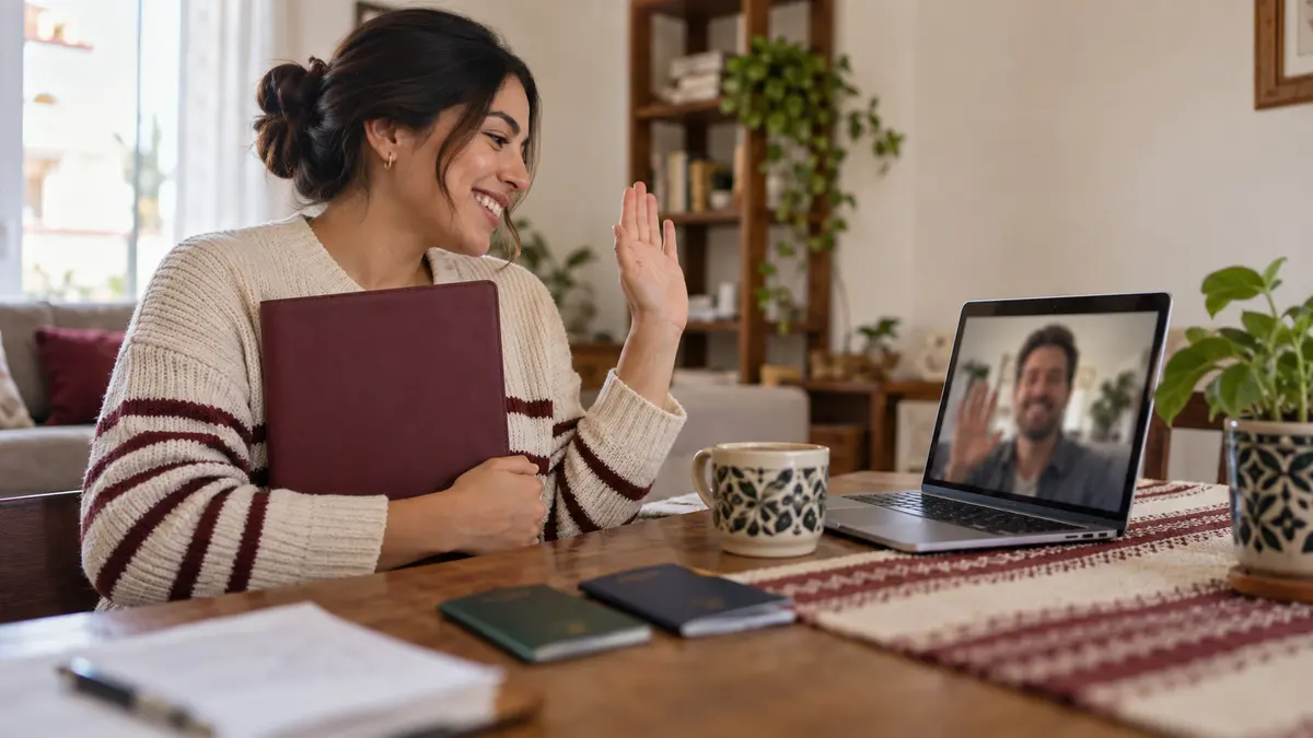 Familia a distancia organiza documentos para una solicitud de visa por unidad familiar.