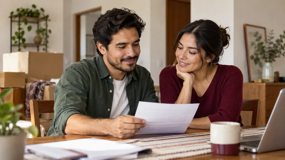 Pareja revisa un comprobante de domicilio después de mudarse para actualizar su registro en el ISSSTE.