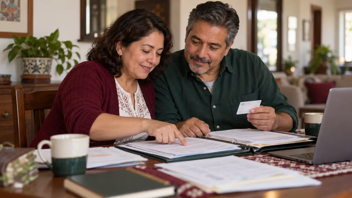 Pareja que revisa actas y documentos para preparar el registro de cónyuge en seguridad social.