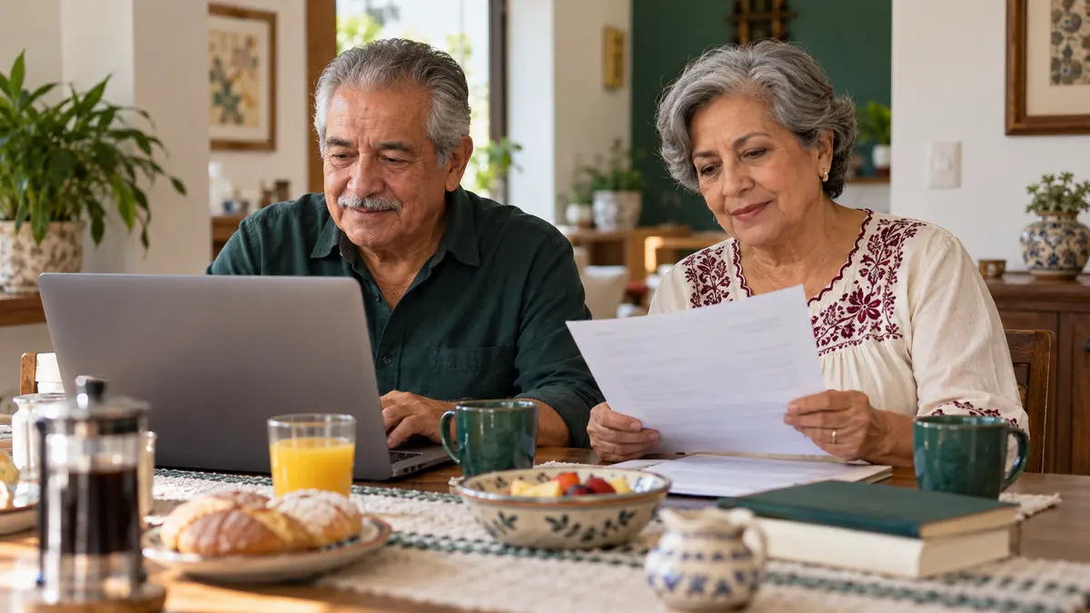 Personas pensionadas que revisan un comprobante y una consulta digital en casa.