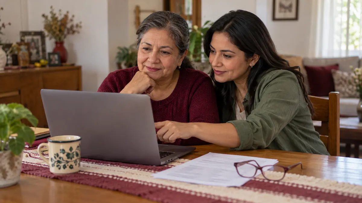 Mujer y su hija adulta que revisan una computadora y un documento en casa.