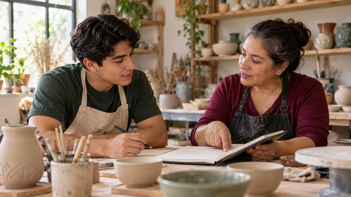 Aprendiz y tutora que revisan notas de una capacitación en un taller.