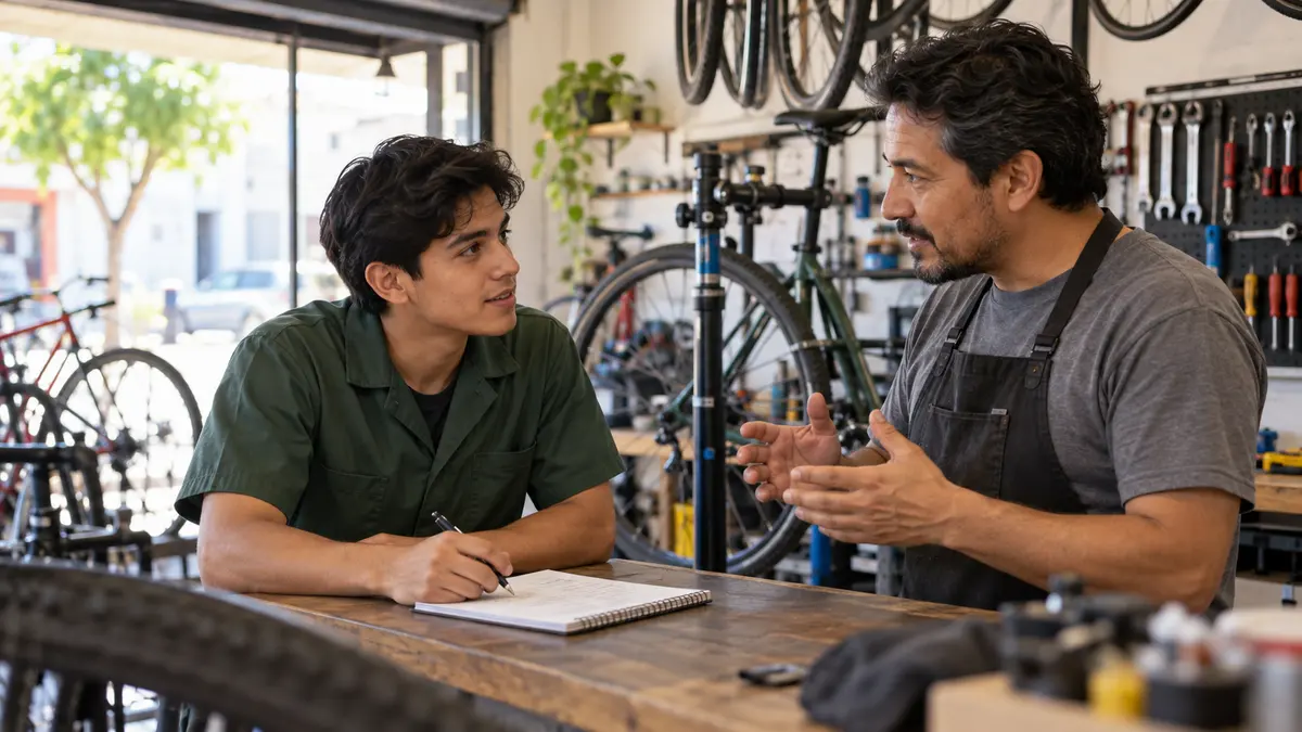 Persona joven que conversa con su tutor en un taller de reparación de bicicletas.