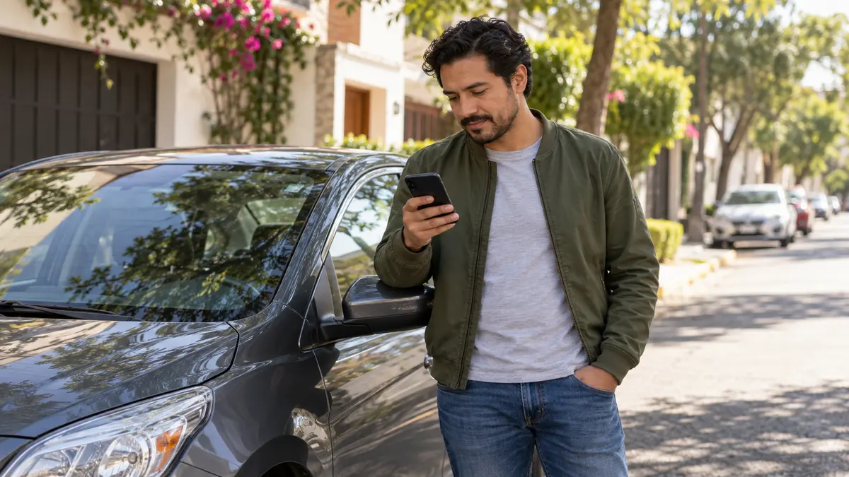 Persona conductora que consulta su teléfono junto a un automóvil estacionado.