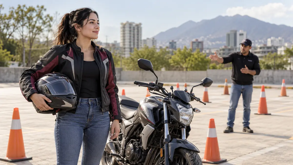 Motociclista se prepara en un espacio de práctica para su evaluación.
