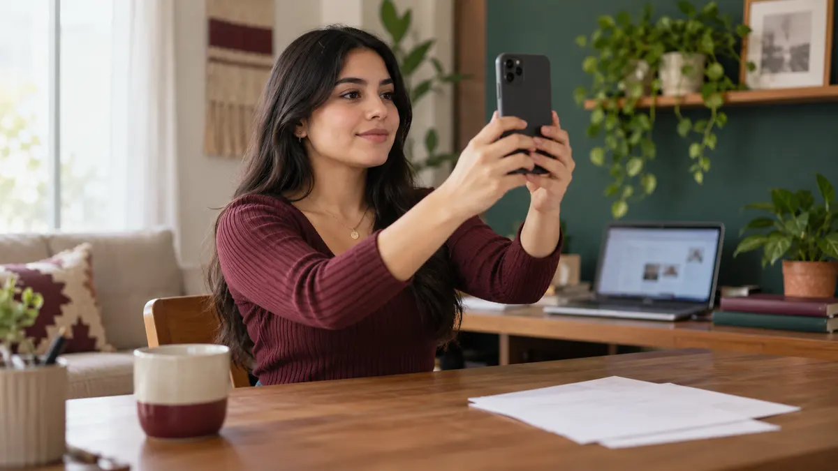 Persona que prepara una fotografía y documentos para revisar una cuenta digital.